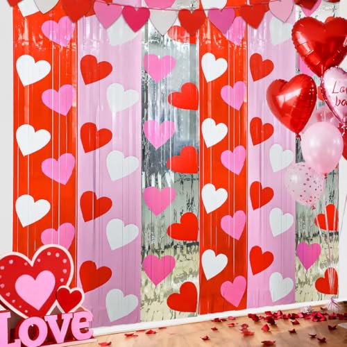 Maniaacer 2 Pack Valentines Party Foil Fringe Curtains 3.3 x 6.6 Ft Hearts Tinsel Curtain Backdrop Red Pink Silver Heart Metallic Foil Photo Booth Prop for Valentines Day Engagement Wedding Party Decor - Image 1