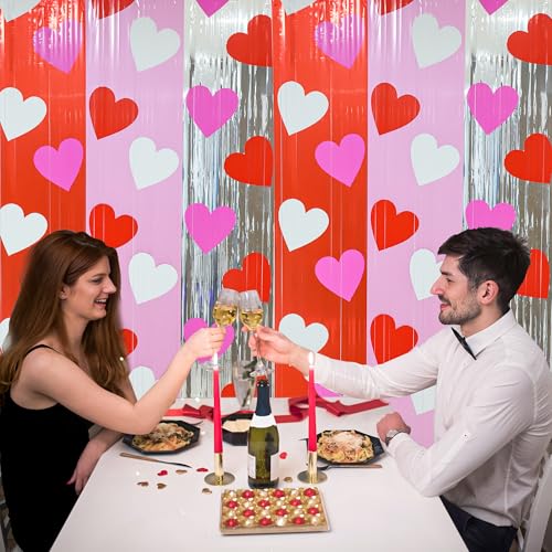 Maniaacer 2 Pack Valentines Party Foil Fringe Curtains 3.3 x 6.6 Ft Hearts Tinsel Curtain Backdrop Red Pink Silver Heart Metallic Foil Photo Booth Prop for Valentines Day Engagement Wedding Party Decor - Image 5