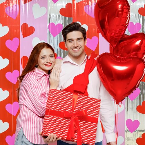 Maniaacer 2 Pack Valentines Party Foil Fringe Curtains 3.3 x 6.6 Ft Hearts Tinsel Curtain Backdrop Red Pink Silver Heart Metallic Foil Photo Booth Prop for Valentines Day Engagement Wedding Party Decor - Image 3