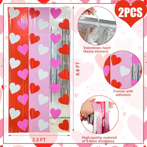 Maniaacer 2 Pack Valentines Party Foil Fringe Curtains 3.3 x 6.6 Ft Hearts Tinsel Curtain Backdrop Red Pink Silver Heart Metallic Foil Photo Booth Prop for Valentines Day Engagement Wedding Party Decor - Image 2