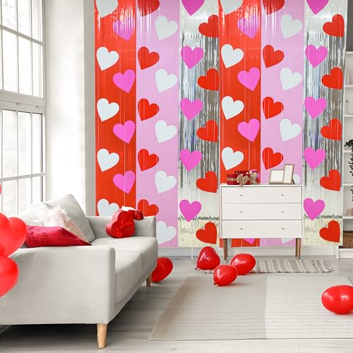 Maniaacer 2 Pack Valentines Party Foil Fringe Curtains 3.3 x 6.6 Ft Hearts Tinsel Curtain Backdrop Red Pink Silver Heart Metallic Foil Photo Booth Prop for Valentines Day Engagement Wedding Party Decor - Image 4