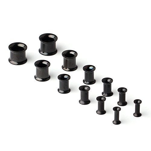 Ruifan 12pcs Surgical Steel Screw Tunnel Gauge Ear Expander Stretching Kit Plugs Piercing -6 Pairs 8g-00g (3mm-10mm) - Black - Image 1