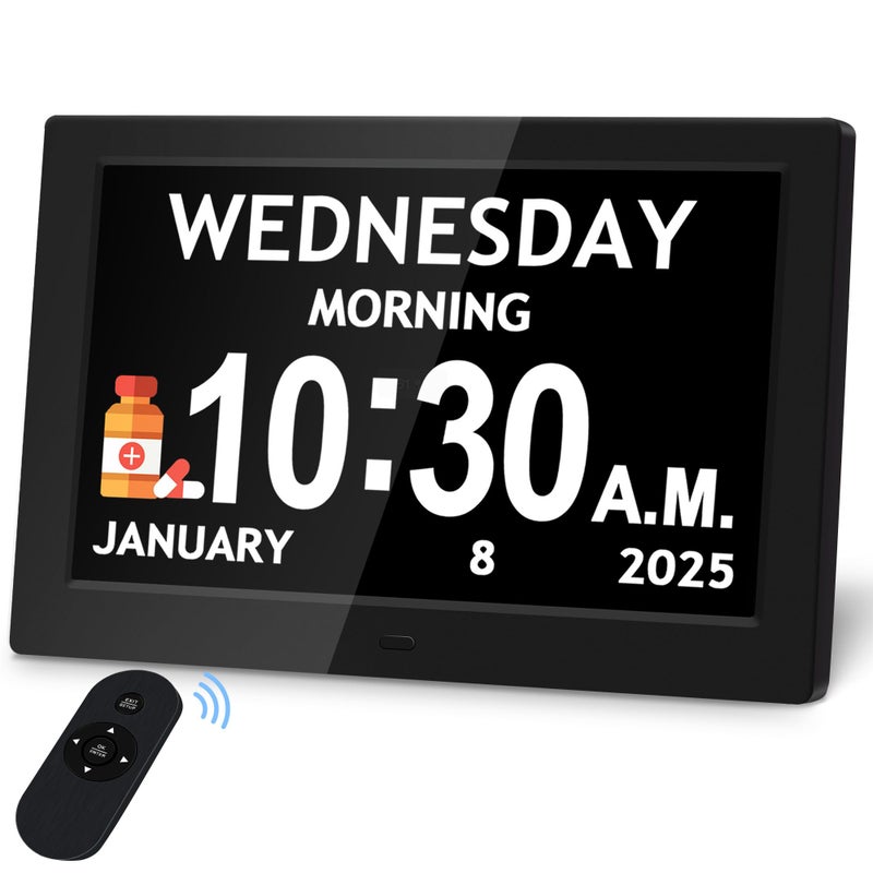 Pastigio 101 Digital Clock 1280800p HD Extra Large Display Digital Clock With Date Time Day Of Week 10 Reminders 6 Alarms Auto Dimming DST Remote Control Dementia Clock For Seniors Black - Image 2