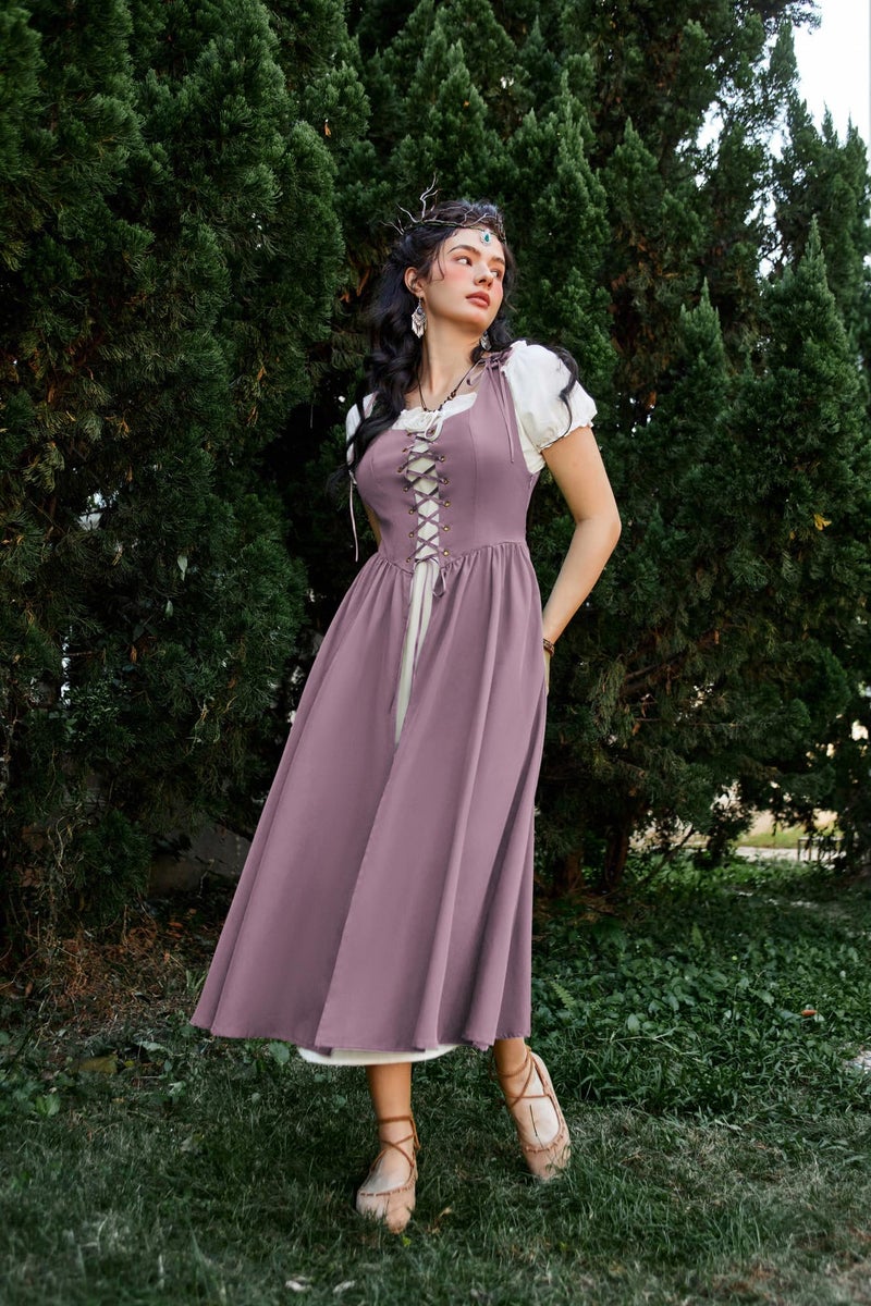 Scarlet Darkness Renaissance Costume Women Corset Fairy Medieval Dresses Plus Size Short Sleeve Peasant Dresses Light Purple 2XL - Image 3