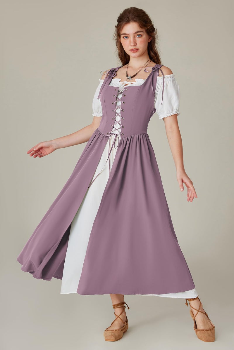Scarlet Darkness Renaissance Costume Women Corset Fairy Medieval Dresses Plus Size Short Sleeve Peasant Dresses Light Purple 2XL - Image 5