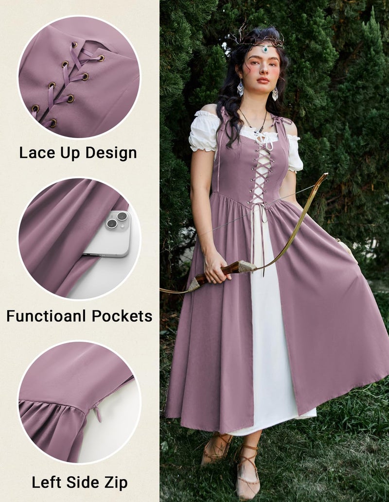 Scarlet Darkness Renaissance Costume Women Corset Fairy Medieval Dresses Plus Size Short Sleeve Peasant Dresses Light Purple 2XL - Image 2