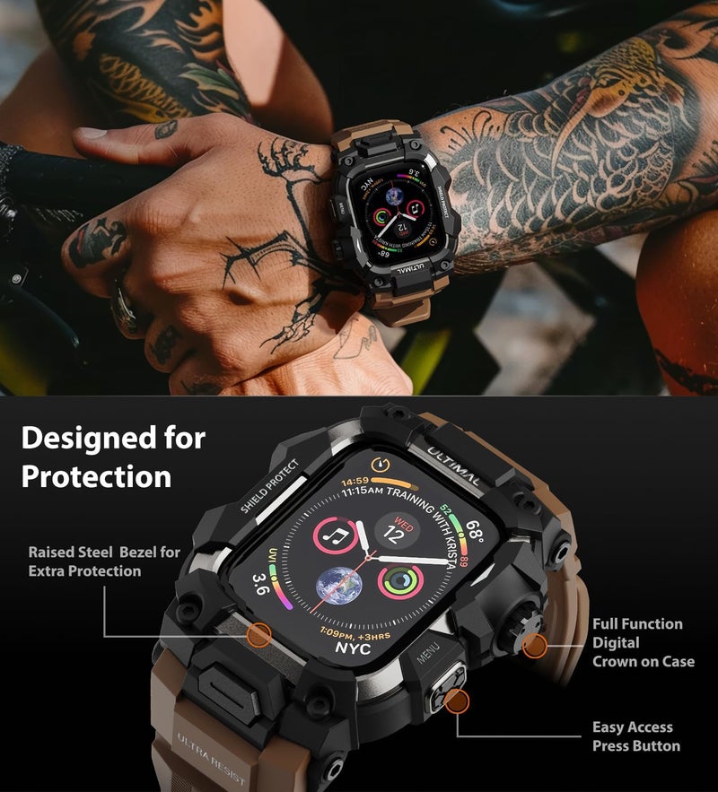 ULTIMAL Rugged Case with Band for Apple Watch 44mm,Compatible with Apple Watch Series SE 3/SE 2/SE Generation/6/5/4, Military Grade Shockproof Bumper Cover for iWatch Tactical Band Men (Coffee Brown, 44mm) - Image 4
