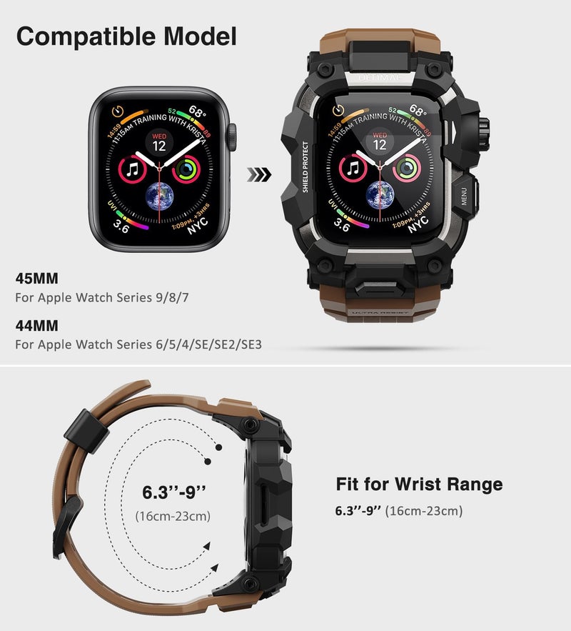 ULTIMAL Rugged Case with Band for Apple Watch 44mm,Compatible with Apple Watch Series SE 3/SE 2/SE Generation/6/5/4, Military Grade Shockproof Bumper Cover for iWatch Tactical Band Men (Coffee Brown, 44mm) - Image 3
