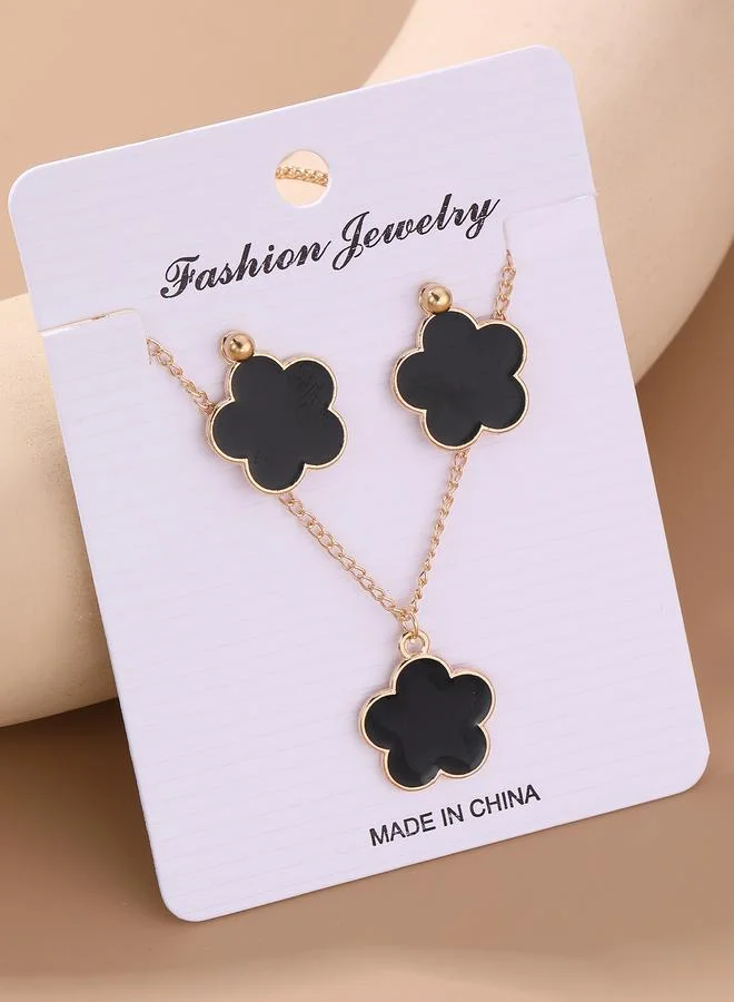 Girls Black Flower Pendant Necklace and Earrings Set