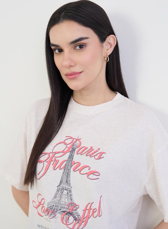 Styli Beige Graphic Oversized Cotton T-Shirt - Image 4