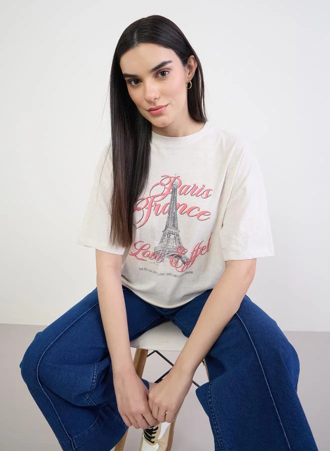Styli Beige Graphic Oversized Cotton T-Shirt