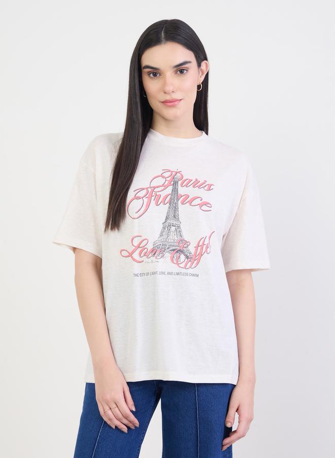 Styli Beige Graphic Oversized Cotton T-Shirt - Image 3
