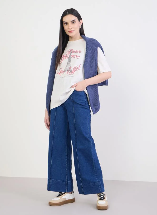 Styli Beige Graphic Oversized Cotton T-Shirt