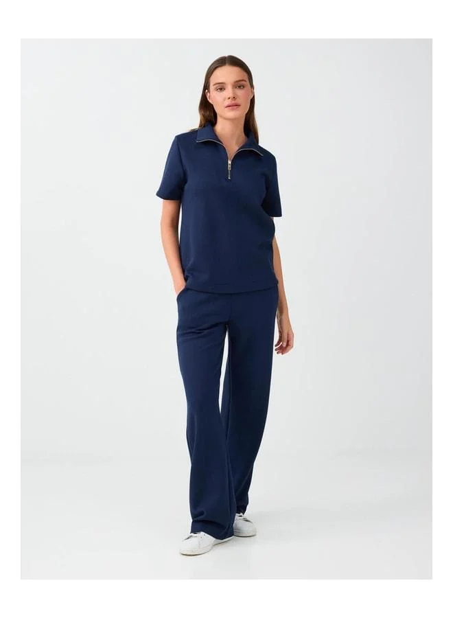 Jimmy Key Navy Blue Waist Elastic Pocket Detailed Straight Cut Pants.