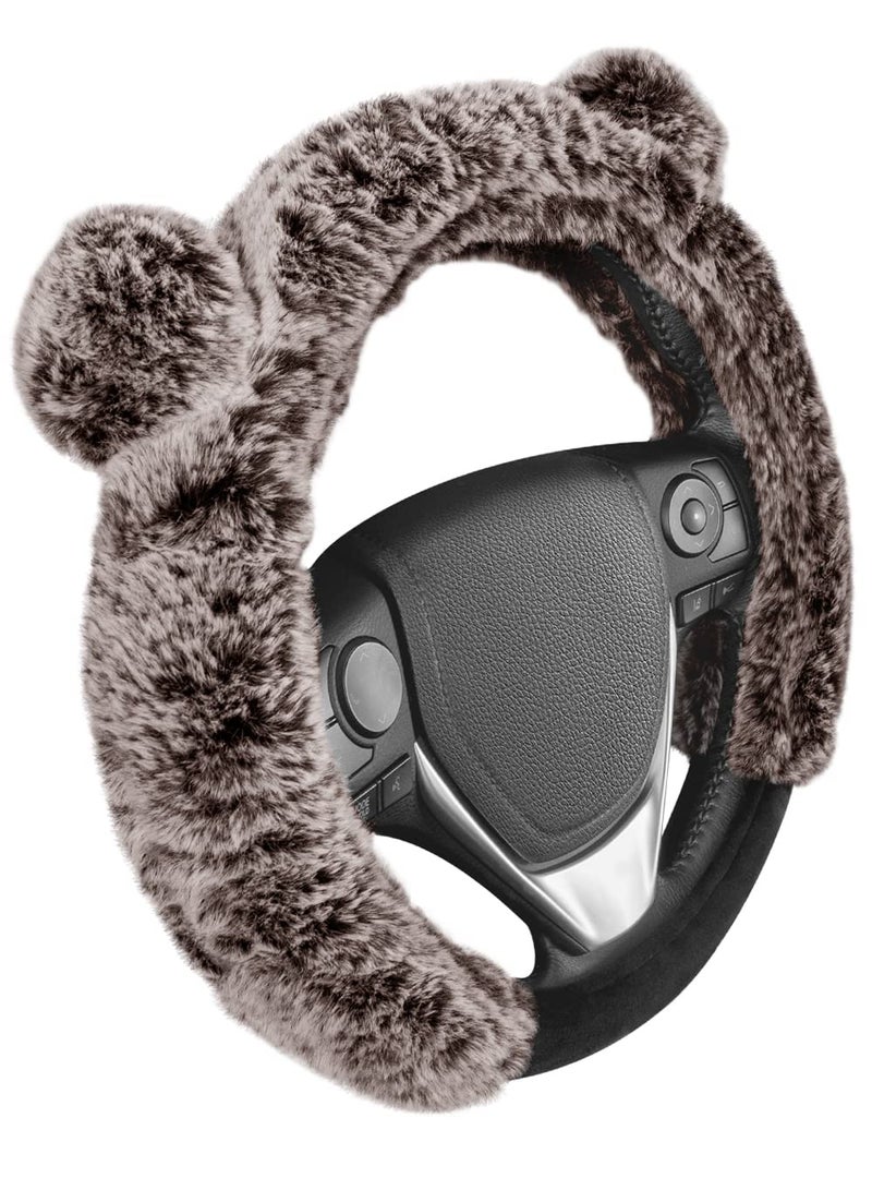 BDK Bear Fur Steering Wheel Cover, Plush Faux Fur Fuzzy Steering Cover for Car Truck Van SUV, Standard Size Fits Wheels 14.5-15 in Diameter, Brown with Ears