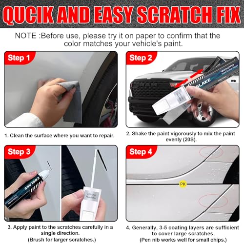 COSLAKE Car Touch Up Paint(Bright White(PW7/GW7)) for Dodge Ram, Car Paint Scratch Repair Kit, Quick & Easy Solution to Repair, 2 in 1 Scratch Remover Pen with 2PCS Disposable Micro Applicators - Image 5