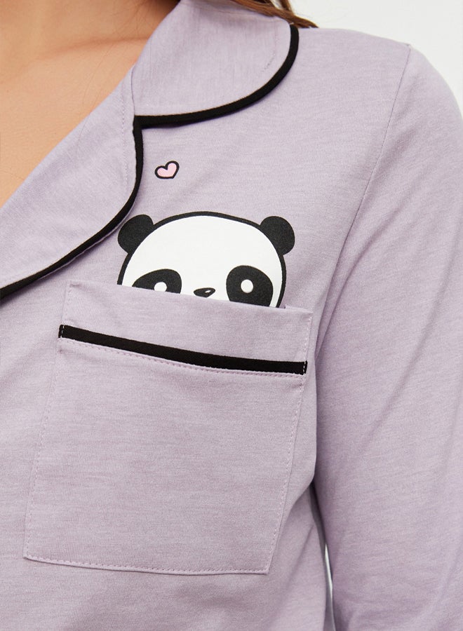 trendyol Lilac Cotton Panda Printed Shirt-Pants Knitted Pajamas Set THMAW21PT0245  - Image 4