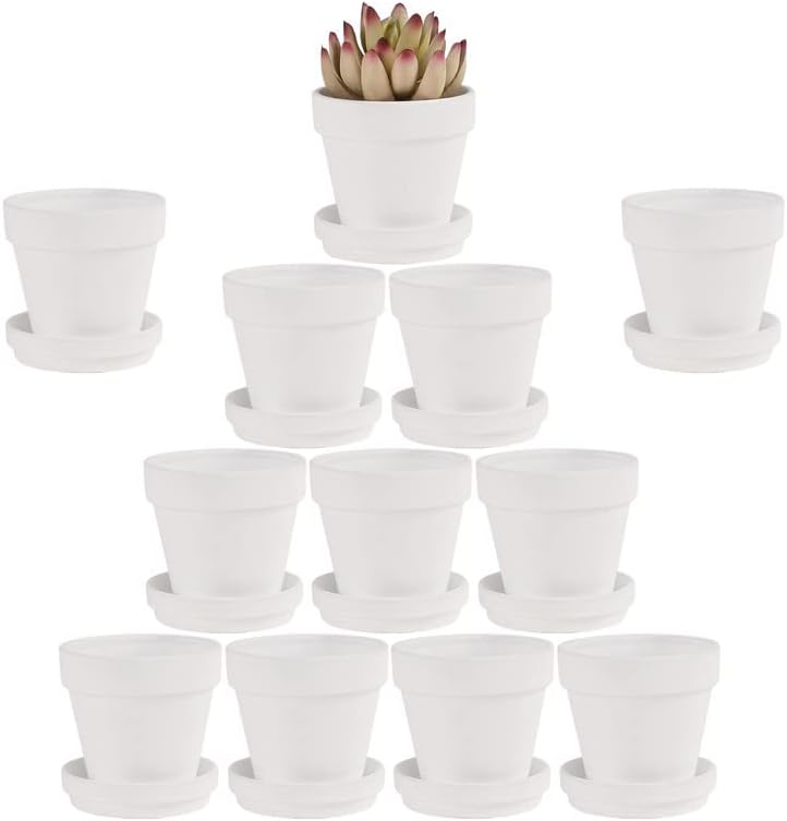 Yishang أواني تيرا كوتا البيضاء مع صحن - 12 حزمة من الأواني الكبيرة من تيرا كوتا أواني الطين 3 بوصات من الفخار الخزفي لزراعة الصبار وأواني الزهور وأواني العصارة مع فتحة تصريف - Image 1
