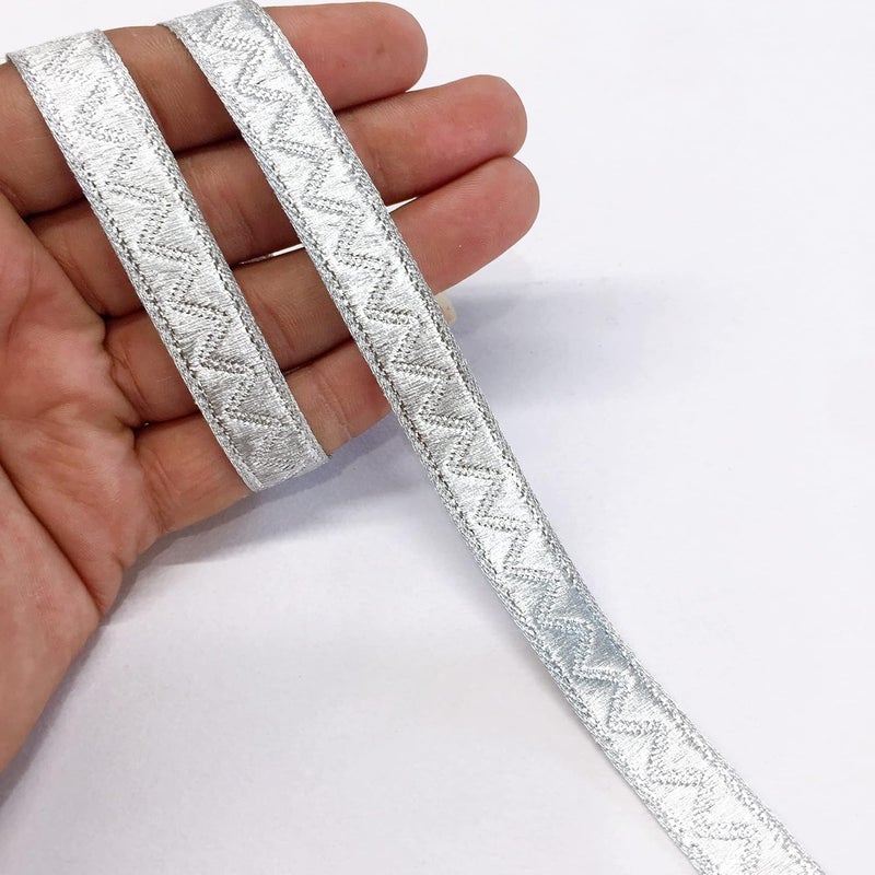 Lami 9 Meter Silver Zig Zag Design Lace Trim Ribbon DIY Sewing Craft Material, Home Decoration Supply, Saree Dupatta Anarkali Lehenga Decoration Lace, Brocate Gota Pati Decorative Packing Material - Image 5