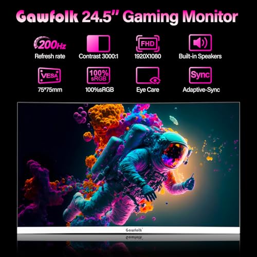 Gawfolk Gaming Monitor 24.5 Inch 200Hz Built-in Speakers, 180hz PC Monitor FHD 1080P Frameless Computer Monitors, VA,sRGB 100%, DisplayPort, HDMI, Eye Care, Wall Mount Compatible (White) - Image 2