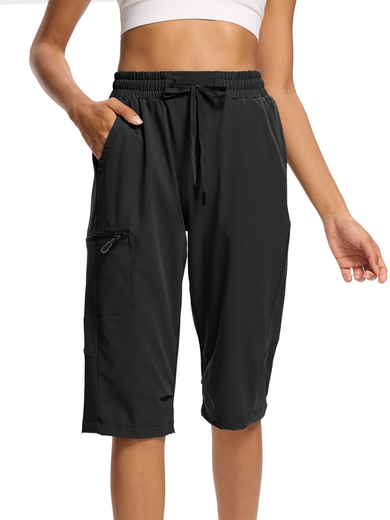DEVOROPA Womens Hiking Long Shorts Knee Length Lightweight Quick Dry Cargo Athletic Bermuda Beach Shorts with Zipper Pockets Black S