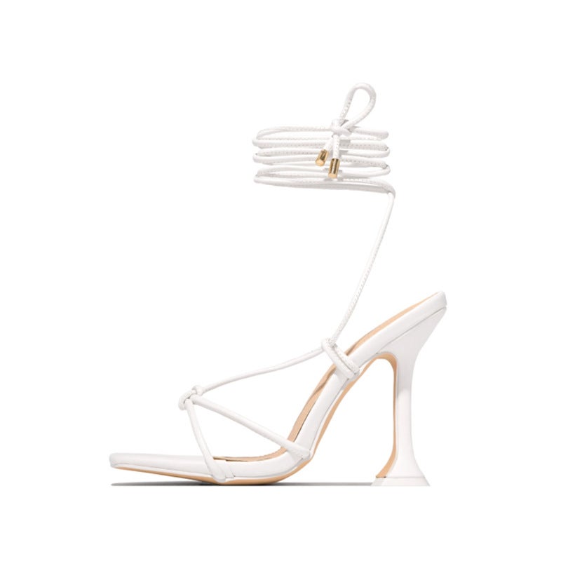 European and American Summer High Heel Square Toe Fashion Shoes Womens Catwalk Thin Heel Sandals Cross-border Heels with Thin Strap Combination Sandals White 