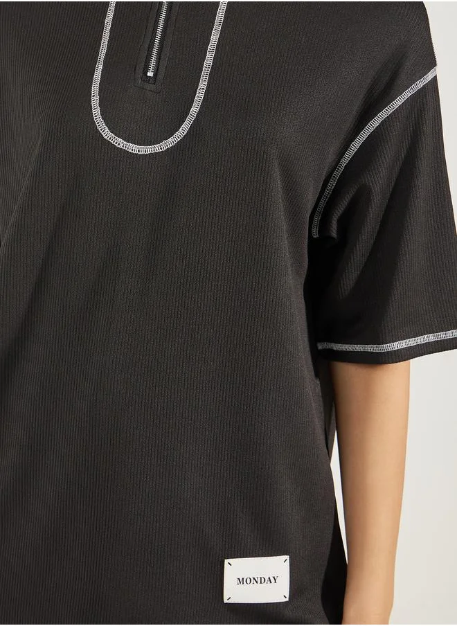 Styli Oversized Ribbed Thread Detail Polo T-Shirt