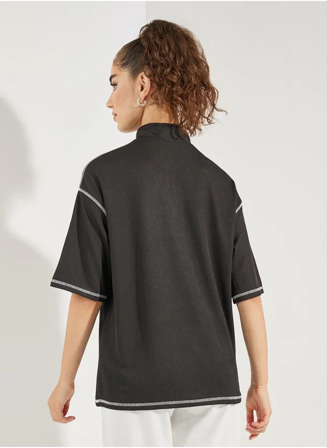 Styli Oversized Ribbed Thread Detail Polo T-Shirt