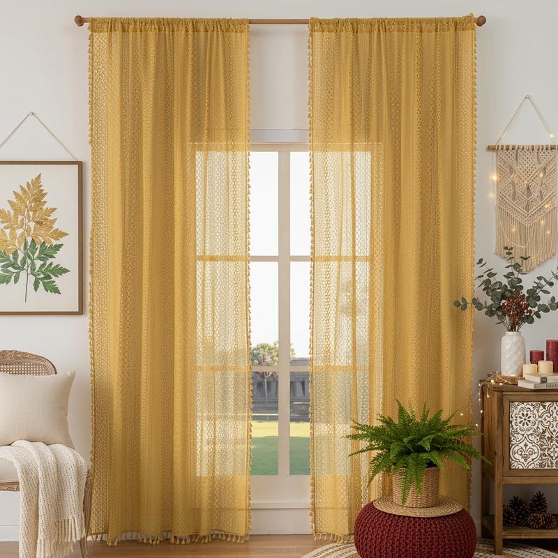 WAZZIO Boho Lace Curtains 84 Inches 2 Panel,Light Filtering Privacy Tassel & Geometry Crochet Semi Sheer Curtain Drapes for Bedroom Living Dining Room,Rod Pocket & Tassel,Mustard Yellow - Image 3