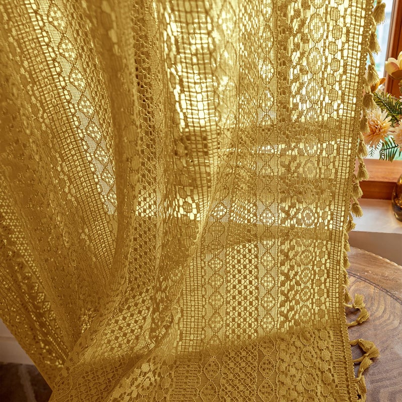 WAZZIO Boho Lace Curtains 84 Inches 2 Panel,Light Filtering Privacy Tassel & Geometry Crochet Semi Sheer Curtain Drapes for Bedroom Living Dining Room,Rod Pocket & Tassel,Mustard Yellow - Image 1