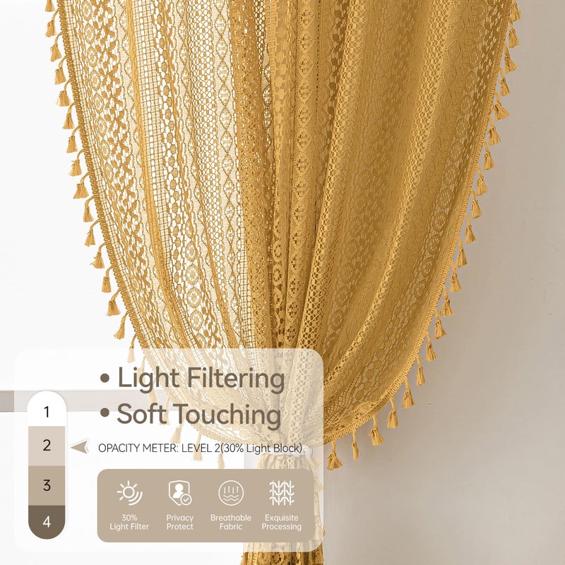 WAZZIO Boho Lace Curtains 84 Inches 2 Panel,Light Filtering Privacy Tassel & Geometry Crochet Semi Sheer Curtain Drapes for Bedroom Living Dining Room,Rod Pocket & Tassel,Mustard Yellow - Image 4