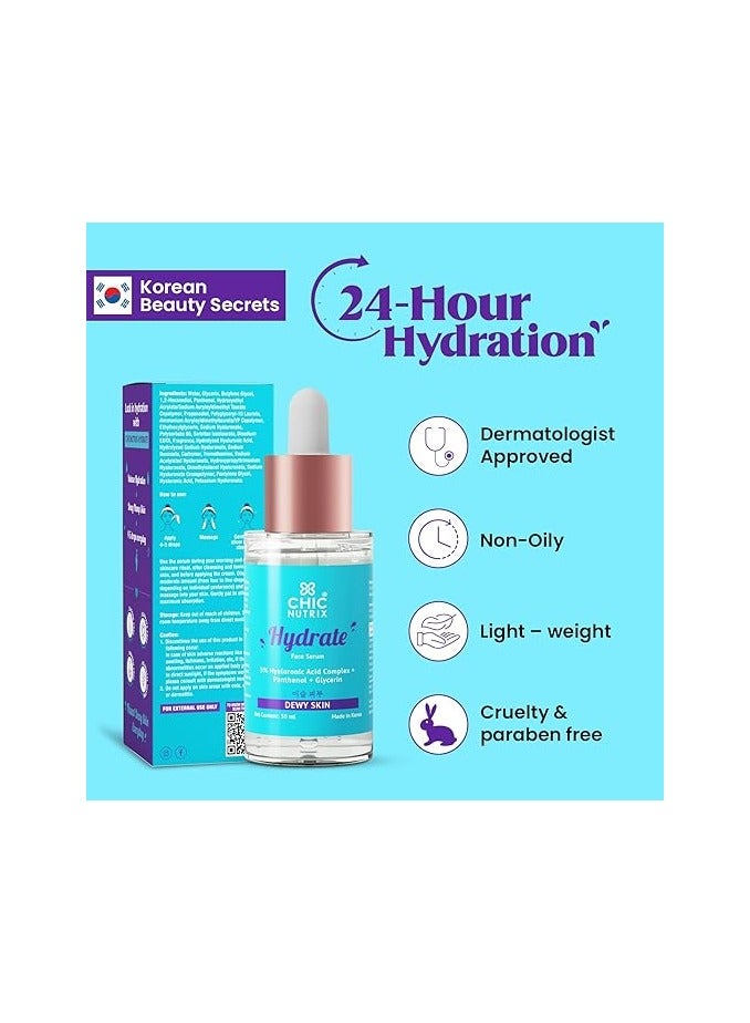 chicnutrix hydrate – 5% hyaluronic acid complex with Glycerin & Panthenol | Instant Hydration, dewy sipple & smooth skin, 30ml - Image 2