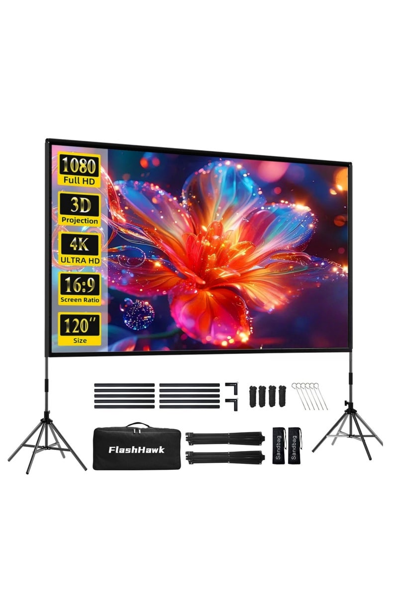 فلاش هوك شاشة عرض مع حامل - 120 بوصة، 4K HD، 16:9، محمولة للاستخدام الخارجي والداخلي، شاشة عرض أمامية خلفية، شاشة عرض أفلام خفيفة الوزن مع إطار رباعي الأرجل، حقيبة حمل للسينما المنزلية.  - Image 1