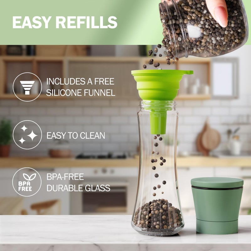 Home EC Premium Green Sea Salt and Pepper Grinder Set of 2 - Adjustable Ceramic - Tall Glass Salt and Pepper Shakers - Kitchen Pepper Mill & Salt Mill W/Funnel & EBook - Image 3