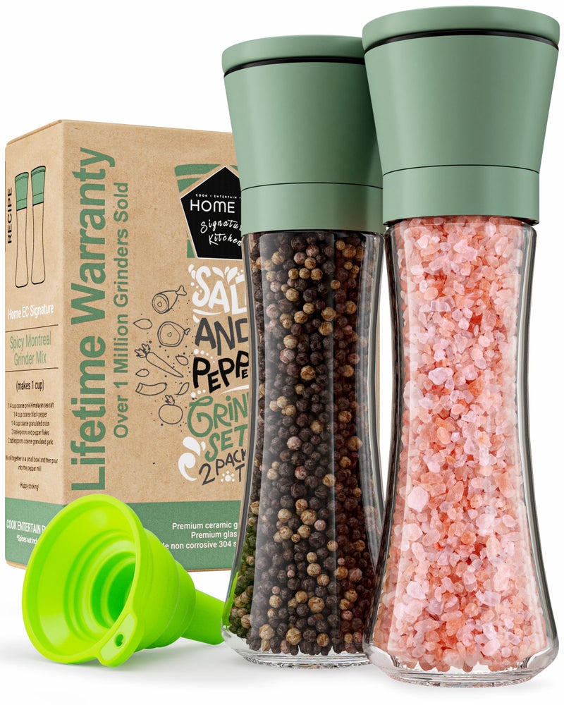 Home EC Premium Green Sea Salt and Pepper Grinder Set of 2 - Adjustable Ceramic - Tall Glass Salt and Pepper Shakers - Kitchen Pepper Mill & Salt Mill W/Funnel & EBook - Image 1