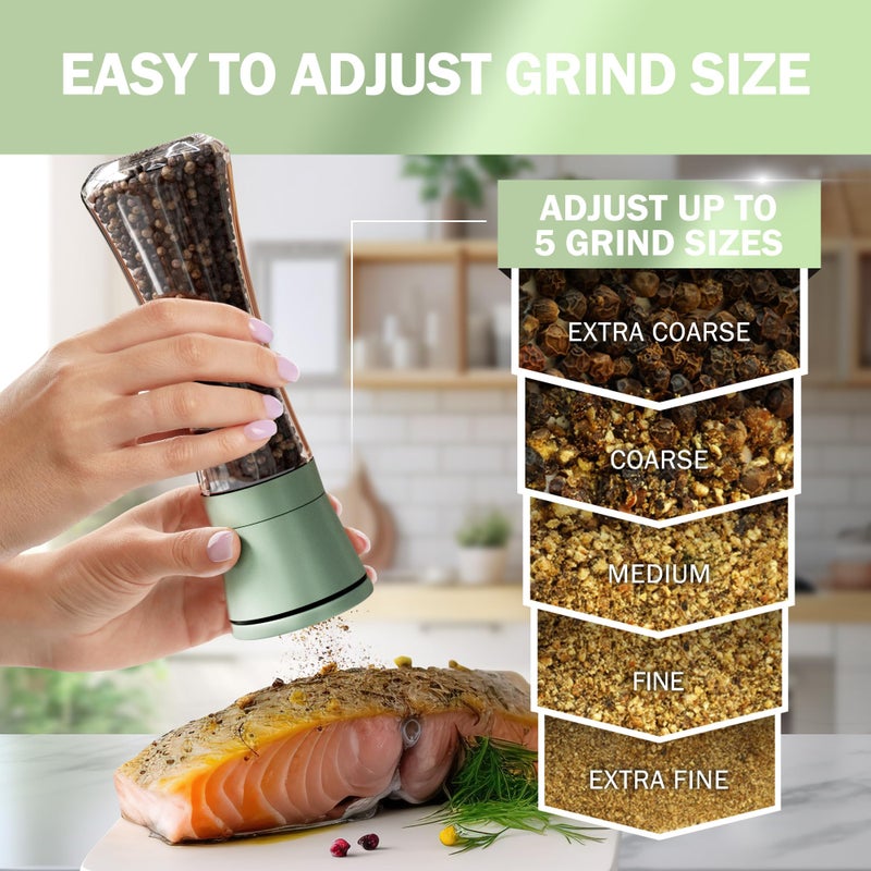 Home EC Premium Green Sea Salt and Pepper Grinder Set of 2 - Adjustable Ceramic - Tall Glass Salt and Pepper Shakers - Kitchen Pepper Mill & Salt Mill W/Funnel & EBook - Image 2