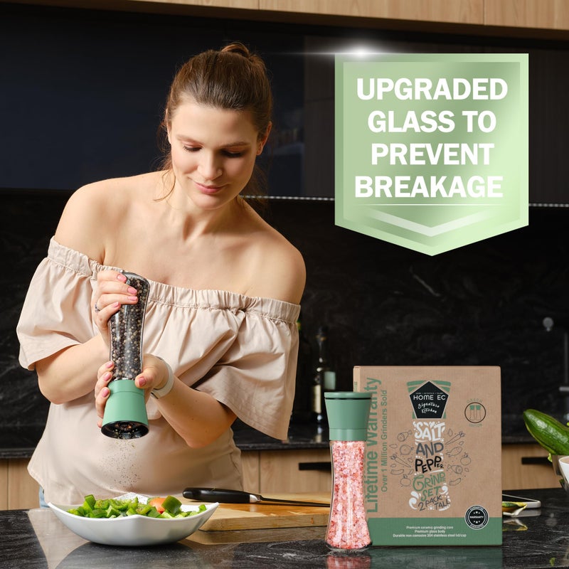 Home EC Premium Green Sea Salt and Pepper Grinder Set of 2 - Adjustable Ceramic - Tall Glass Salt and Pepper Shakers - Kitchen Pepper Mill & Salt Mill W/Funnel & EBook - Image 4