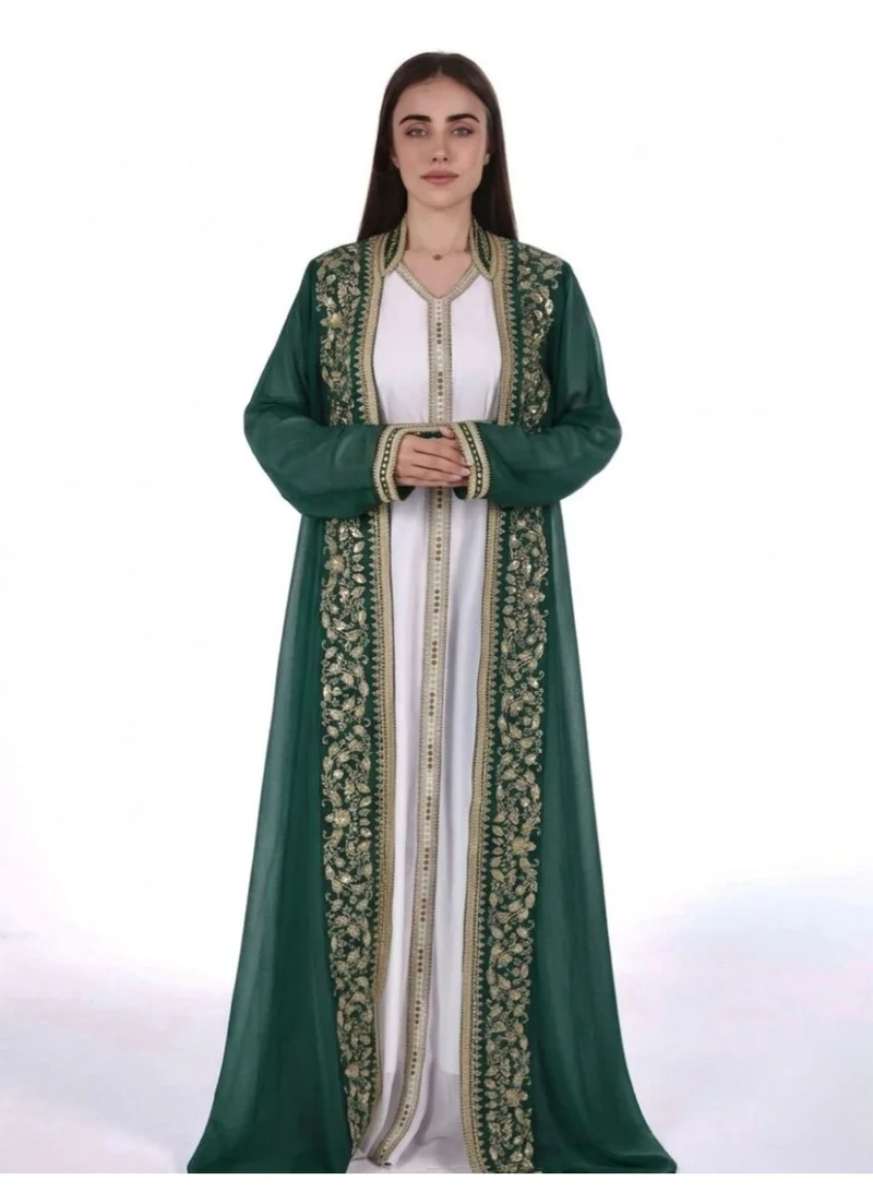 AL BENT AL SHARQIEH emboidered belted chiffon kaftan dress