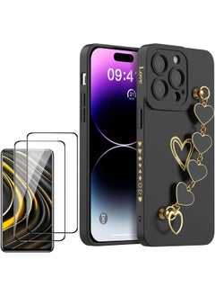 Plus 2 Case For Iphone 15 Pro Max With 2 Screen Protectors Case For Women With Full Camera Lens Protection And Hand Strip Loop Silicone Heart Girly Side Shockproof Cover Iphone 15 Pro Max Black