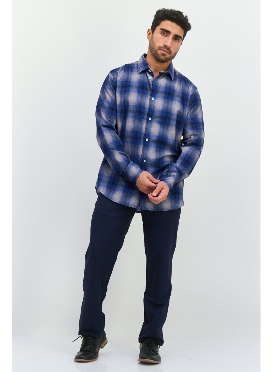 GAS Men Regular Fit Plaid Long Sleeves Casual Shirt, Blue  - Image 4