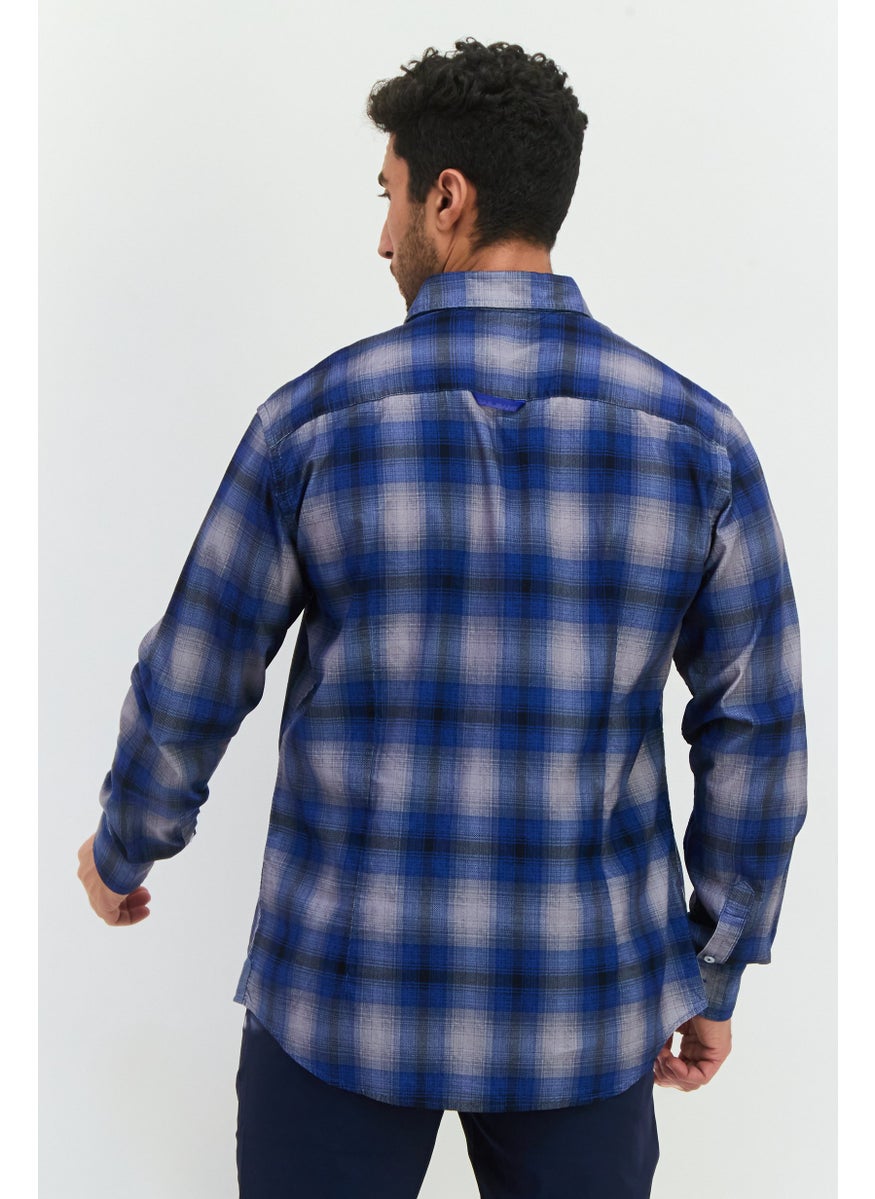 GAS Men Regular Fit Plaid Long Sleeves Casual Shirt, Blue  - Image 3