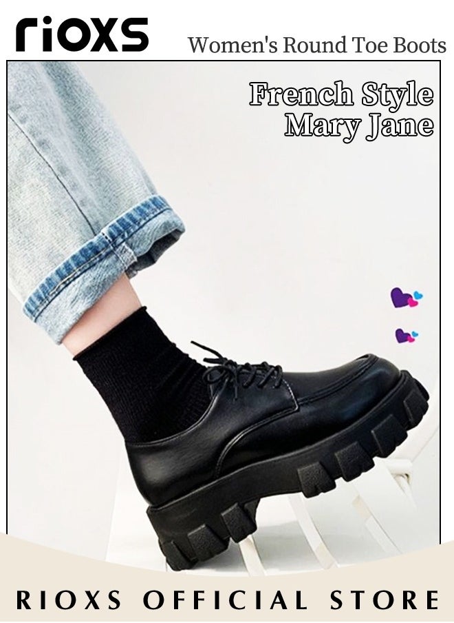 RIOXS Women's Leather Chunky Loafers, Classic Slip-on Lace-up Penny Shoes with Stable Outsole and Chunky High-heel, Crafted from Smooth Leather, Versatile Enough to Suit Various Occasions  - Image 2