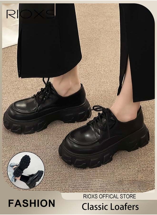 RIOXS Women's Leather Chunky Loafers, Classic Slip-on Lace-up Penny Shoes with Stable Outsole and Chunky High-heel, Crafted from Smooth Leather, Versatile Enough to Suit Various Occasions  - Image 1
