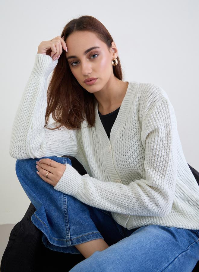 Styli Off White Knit Buttoned Cardigan - Image 3
