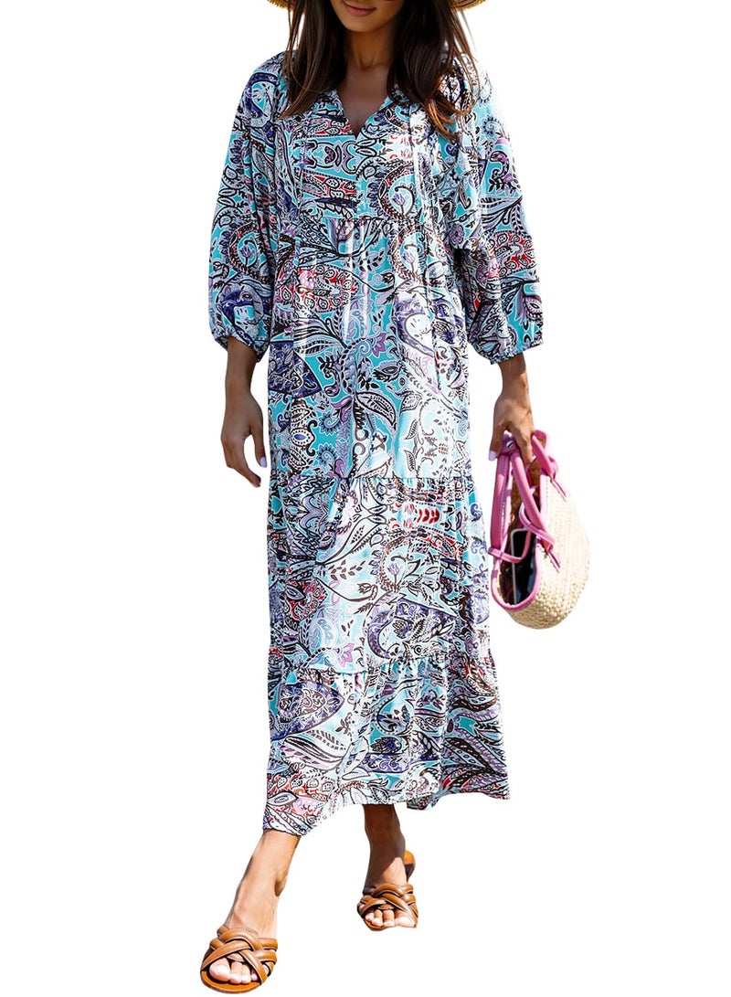 miduo Womens Maxi Dress Short Sleeve V Neck Loose Summer Spring Fashion Floral Beach Vacation Long Maxi Dresses L - Image 1