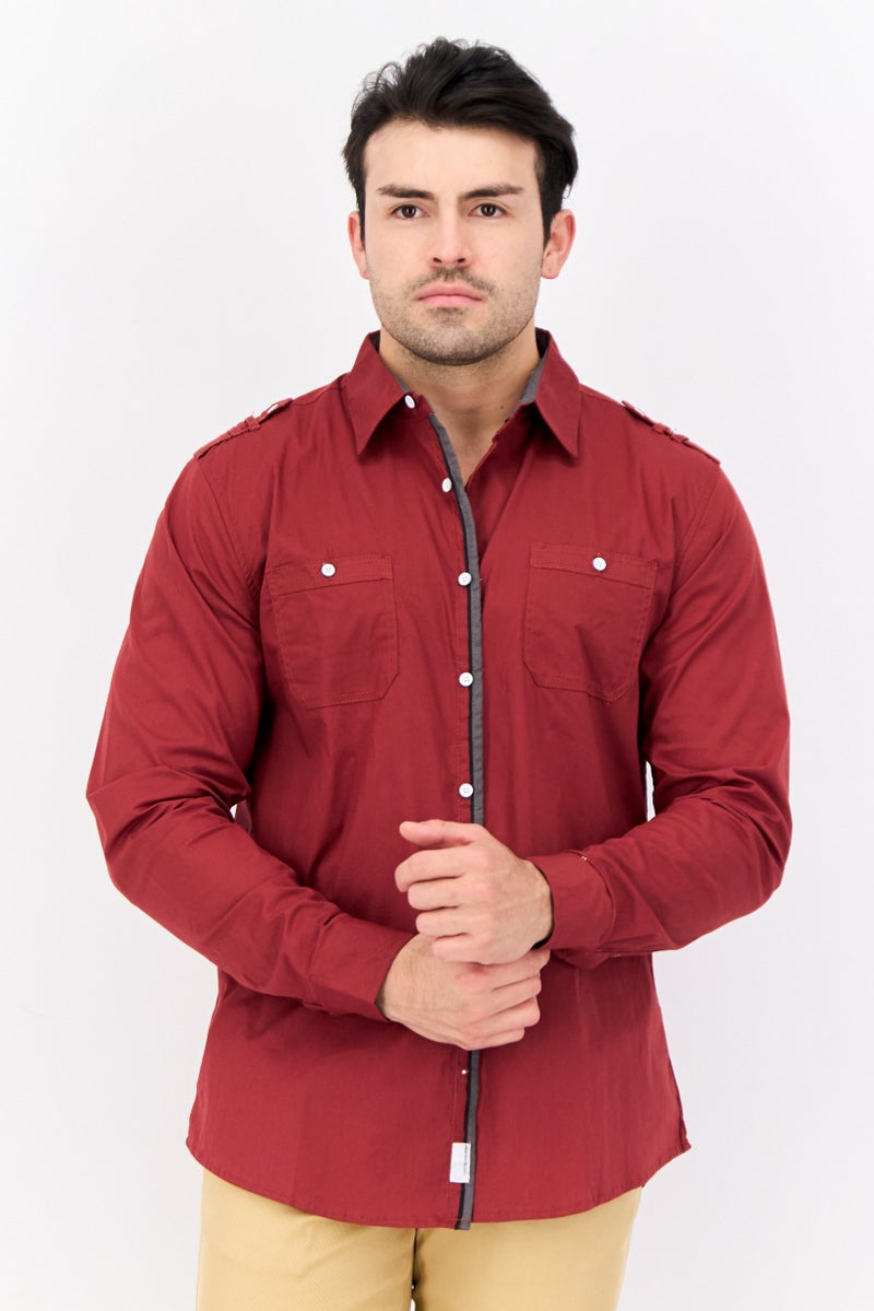 Paper Denim & Cloth Men Slim Fit Solid Long Sleeves Casual Shirt, Dark Brown  - Image 1