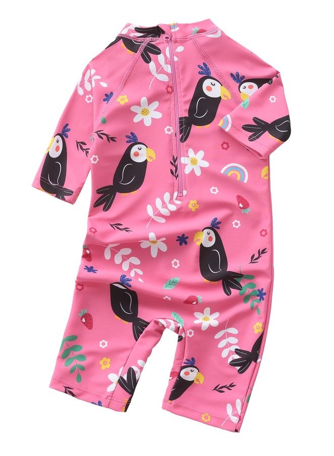 Aisyee Toddler Girls Rash Guard Sunsuits for Baby Girls One Piece Swimsuits UPF 50+ Short Sleeve Bathing Suit Beachwear Pink Birds Florals 4T - Image 2