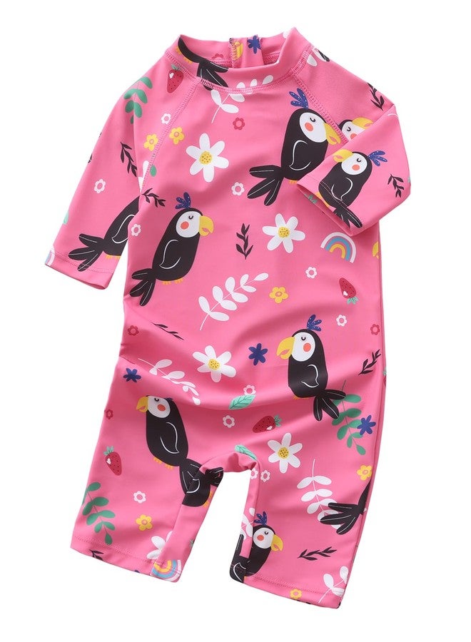 Aisyee Toddler Girls Rash Guard Sunsuits for Baby Girls One Piece Swimsuits UPF 50+ Short Sleeve Bathing Suit Beachwear Pink Birds Florals 4T - Image 1