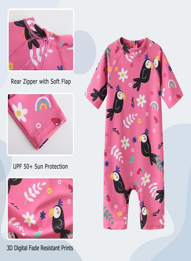 Aisyee Toddler Girls Rash Guard Sunsuits for Baby Girls One Piece Swimsuits UPF 50+ Short Sleeve Bathing Suit Beachwear Pink Birds Florals 4T - Image 3