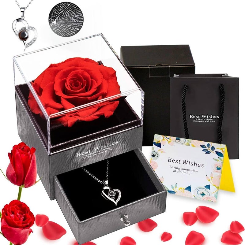 HIRVAX HIRVAX Preserved Real Rose Handmade Eternal Rose with Necklace Original Presents for Mom Wife Girlfriend Her for Valentines Day Anniversary Mothers Day Birthday Gifts  - Image 1